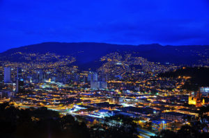 A view of Medellin, Colombia taken during the blue hour.